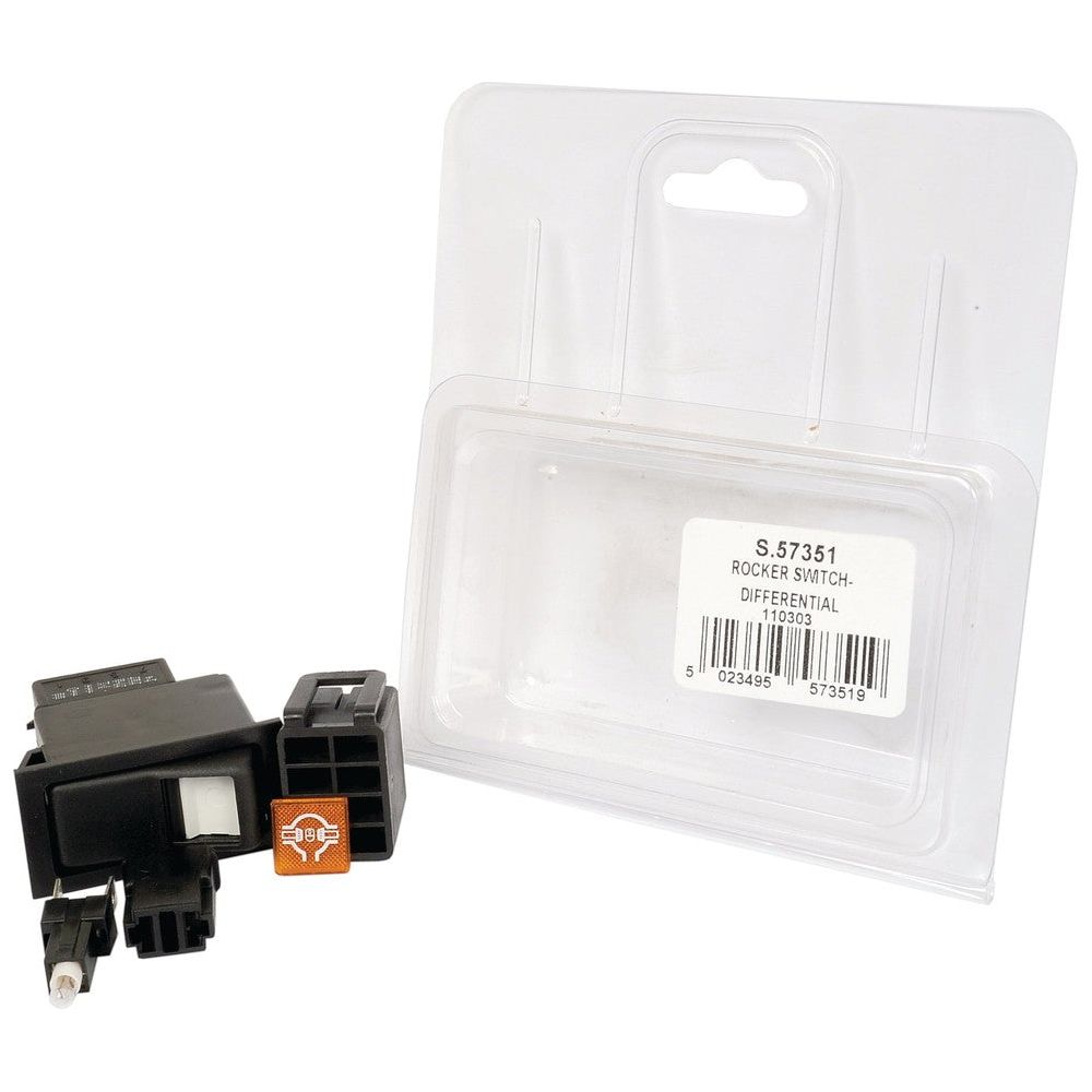 A black rocker switch and differential component are placed next to clear plastic packaging labeled "Sparex Rocker Switch - Diff. Lock, 3 Position (Off/1/(2)) - S.57351, IP65 Latching & Momentary Switch, 12V DC.
