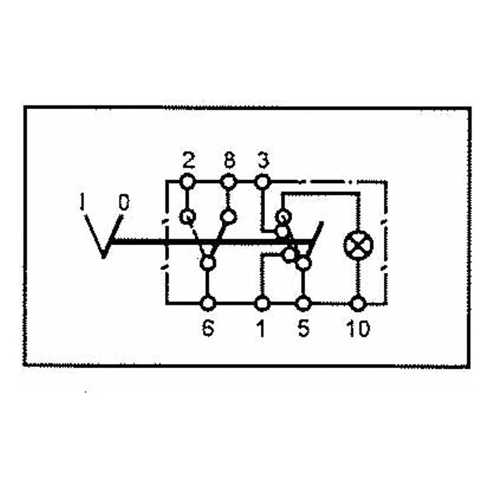 A schematic diagram displaying an electrical circuit with numbered connection points, the closed Sparex Rocker Switch - Hazard, 2 Position (On/Off) - S.57342 situated in the top left, and a lamp symbol on the right indicating a completed 12V DC circuit.