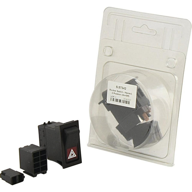 A black and red rocker switch, rated at 12V DC, is displayed in front of its clear plastic packaging. The package has a barcode and label indicating the model "Rocker Switch - Hazard, 2 Position (On/Off) - S.57342" by Sparex along with its IP65 specifications.