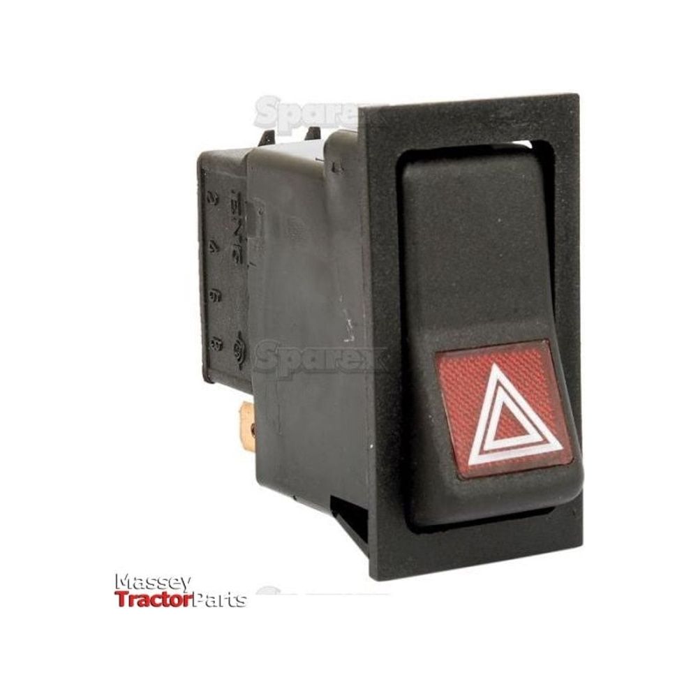 The Sparex Rocker Switch - Hazard, 2 Position (On/Off) - S.57342 is a rectangular black latching switch featuring a red triangle warning symbol. Designed for use in electrical systems, such as those found in tractors, this 12V DC switch has visible connectors on the back and is set against a plain white background.