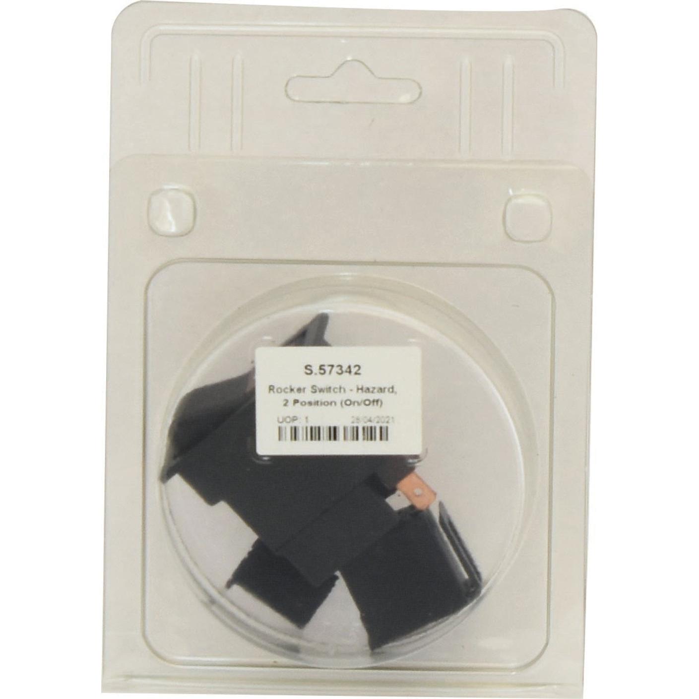 Plastic packaging containing a black rocker switch labeled "Rocker Switch - Hazard, 2 Position (On/Off) - S.57342" by Sparex, with a barcode.
