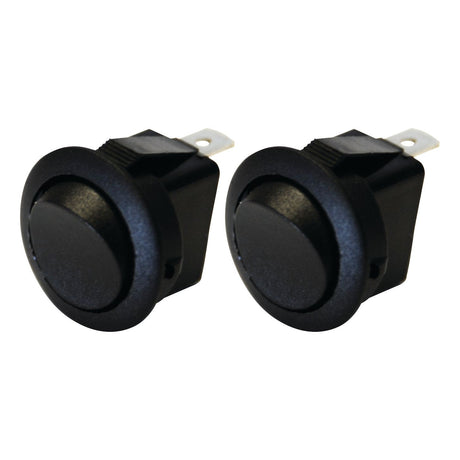 Two Rocker Switch Miniature - Universal Fitting (S.29474) by Sparex, each with two metal prongs, are shown from the front and at a slight angle. Designed for various applications, these black round rocker switches feature a precise 2-position (On/Off) mechanism.