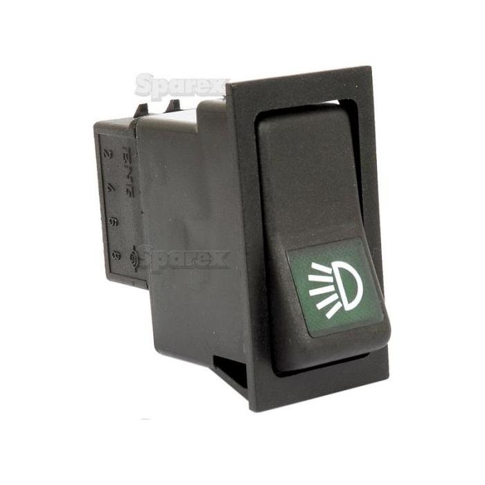 The image features the Sparex Rocker Switch - Side, S.56692, a rectangular black automotive switch with an IP65 rating and a green headlight icon in white, used to control vehicle lights. The latching switch is designed for 12V DC systems and is shown from an angle, highlighting its robust design and structure.