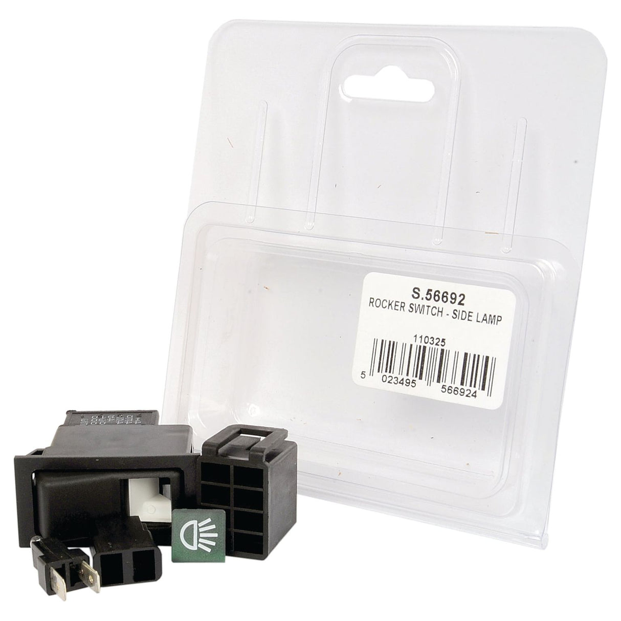 A black rocker switch for a side lamp, displayed in front of its transparent plastic packaging. A white label on the packaging shows the product code "S.56692", 12V DC specifications, and other details. The product is named Rocker Switch - Side, 2 Position (On/Off) and is from the brand Sparex.