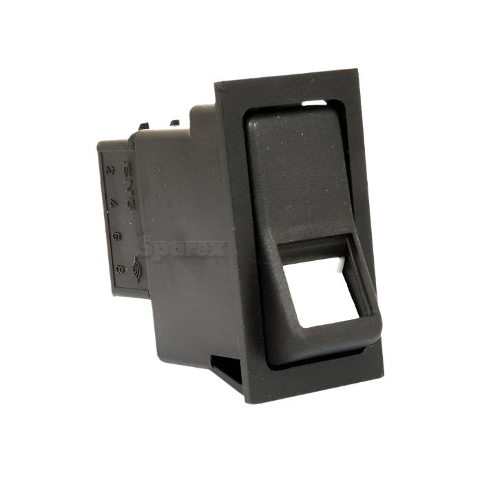 A Sparex Rocker Switch - Universal Fitting, 2 Position (On/Off) - S.23150 features a rectangular black design with a recessed area and is displayed at an angle. The back includes multiple connection points and is rated IP65 for water resistance.