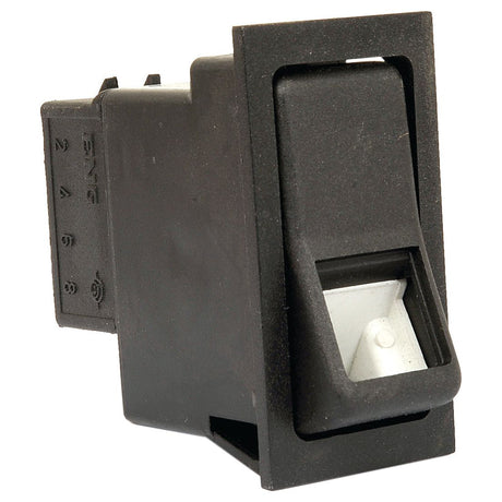 Close-up of the Sparex Rocker Switch - Universal Fitting, 2 Position (On/Off) (S.23151), featuring a black plastic rectangular shape with a white front indicator. The latching switch, viewed at an angle, is designed for 12V applications and boasts an IP65 rating for water resistance.