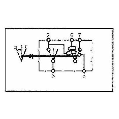 Electrical circuit diagram illustrating various components connected by lines, numbered nodes (1 to 7), and a symbol resembling the Sparex Rocker Switch - Wiper Washer, 3 Position (Off/1/(2)) - S.23145. The setup includes latching & momentary functions and offers IP65 protection for reliability in demanding environments.