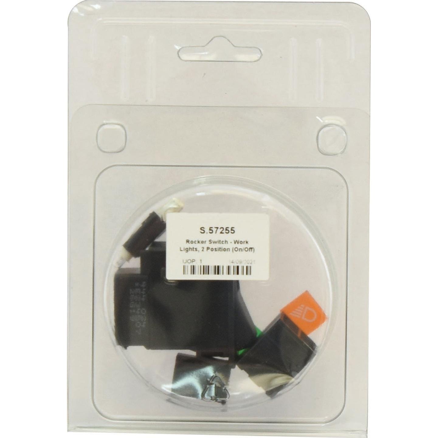 The **Sparex Rocker Switch - Work Lights, 2 Position (On/Off) - S.57255** is a packaged latching switch with an IP65 rating, designed for 12V DC systems. It features a prominent orange section and the product code S.57255 is clearly visible on the label.