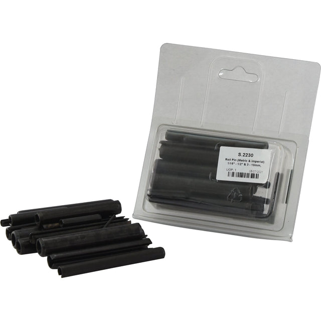 A package and assortment of black plastic tubes on a white background. The Agripak, labeled with text, contains 36 pieces of Sparex Roll Pins (Metric & Imperial) ranging from 1/16'' to 1/2'' and 3mm to 10mm (DIN Standard No.: DIN 1481). Sparex Part No. S.2230.