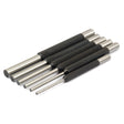 A set of six cylindrical Sparex Roll Pin Punches (Metric) with knurled handles, arranged in descending order of size, conveniently stored in a Twistpak for easy organization (Sparex Part No. S.1177).