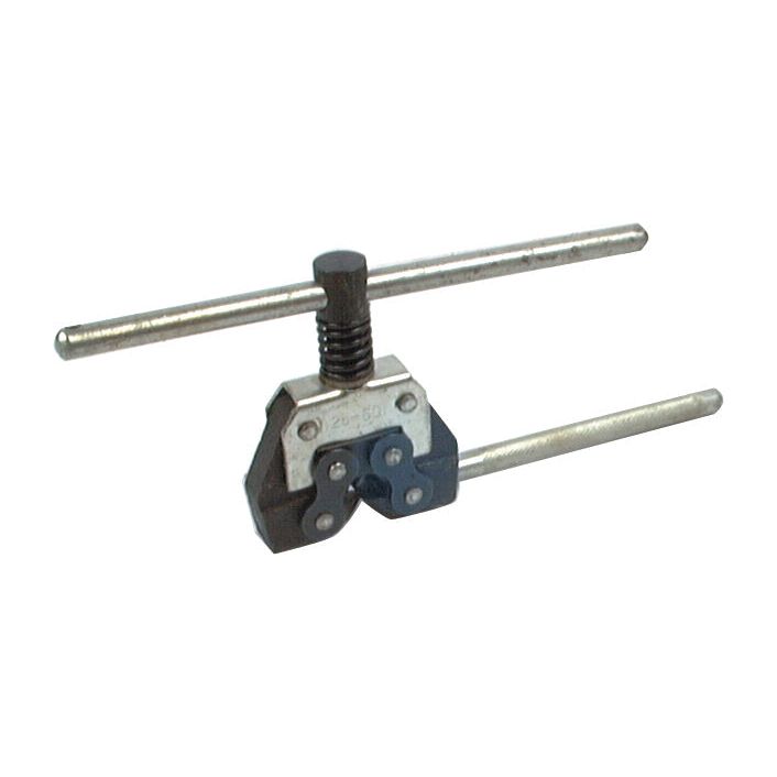 The Sparex Roller Chain Breaker No. 25 - 50 (Agripak 1 pc.), also known as Sparex Part No.S.14004, is a metal tool featuring a T-shaped handle and an adjustable screw clamp mechanism, compatible with pitch sizes from 3/8" to 5/8".