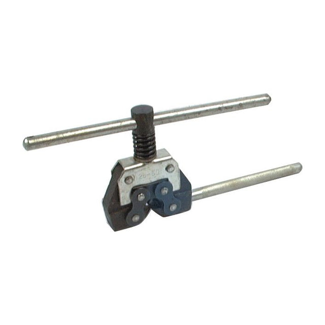 The Sparex Roller Chain Breaker No. 25 - 50 (Agripak 1 pc.), also known as Sparex Part No.S.14004, is a metal tool featuring a T-shaped handle and an adjustable screw clamp mechanism, compatible with pitch sizes from 3/8" to 5/8".