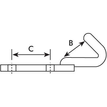 A black and white technical drawing shows a heavy-duty, L-shaped Rope Cleat - Single Ended 140mm (Sparex S.14720) attached to a straight bar with dimensions labeled B and C.