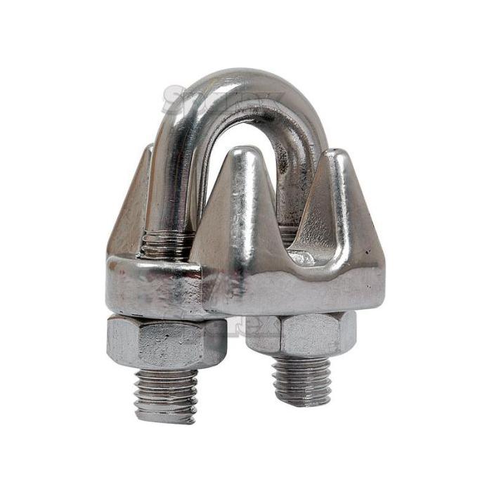 A close-up image of the Sparex Wire Rope Clip (Part No.S.21582), featuring a stainless steel clamp with two threaded bolts and hex nuts designed for securing cables. This 5mm (3/16'') wire rope clip ensures durability and reliable performance.