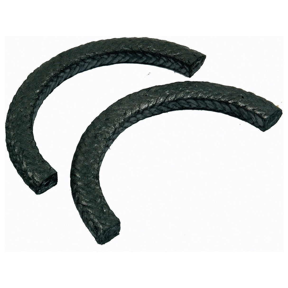 Two semicircular black braided graphite packings from the Sparex Rope Seal Set (2 pcs.) | Sparex Part No.S.57543, reminiscent of a classic rope seal design, are shown against a white background.