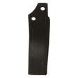 A black metal rectangular object with rounded edges and two circular holes near the top, reminiscent of a Sparex Rotavator Blade Curved LH 60x6mm Height: 194mm, with hole centers at 44mm and a hole diameter of 12.5mm, designed as a replacement for Maschio part number 019100424 (Sparex Part No. S.21985).