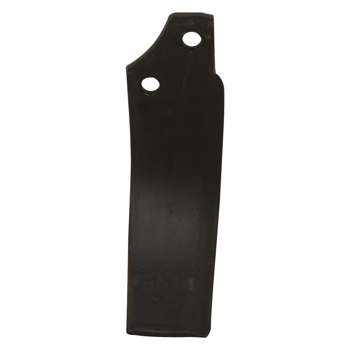 A black metal rectangular object with rounded edges and two circular holes near the top, reminiscent of a Sparex Rotavator Blade Curved LH 60x6mm Height: 194mm, with hole centers at 44mm and a hole diameter of 12.5mm, designed as a replacement for Maschio part number 019100424 (Sparex Part No. S.21985).
