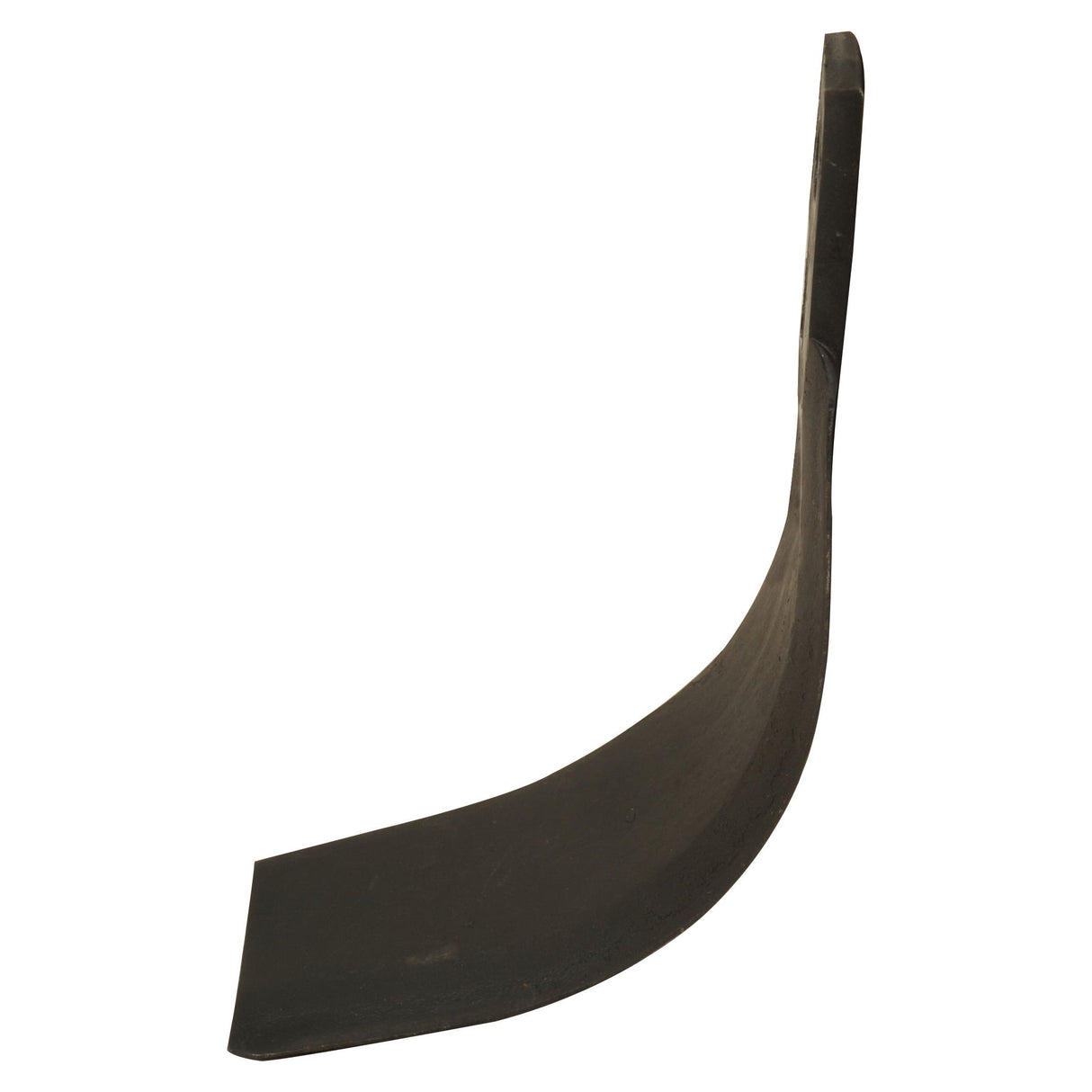 A black Rotavator Blade by Sparex, featuring a flat, wide edge and a narrow, upright handle. This blade showcases the distinctive curve characteristic of the Maschio Replacement Curved LH Blade, specifically identified as the Rotavator Blade Curved LH 60x6mm with a height of 194mm, hole centers at 44mm, and a hole diameter of 12.5mm. It is designed to fit as part number 019100424 and Sparex Part No.S.21985.