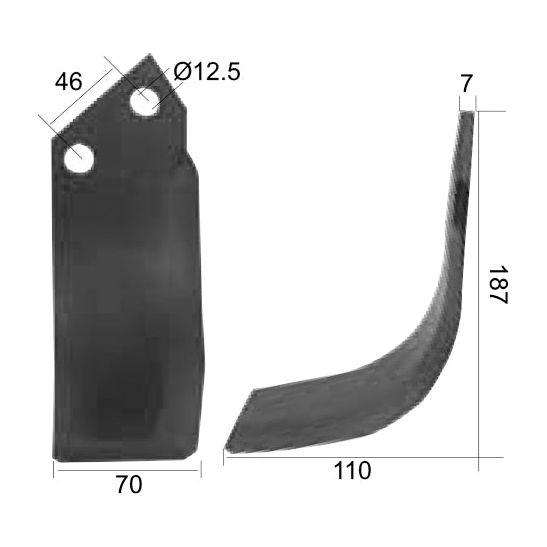 A diagram of the Rotavator Blade Curved LH, displaying front and side views with the following dimensions: 187mm overall height with hole centers at 46mm and each hole measuring 12.5mm in diameter, a width of 70mm, thickness of 7mm, and a length of 110mm on the side. The part is compatible with Sparex Fasteners for assembly. The blade is a replacement for Sovema and fits model number 900111002 | Sparex Part No. S.74751.