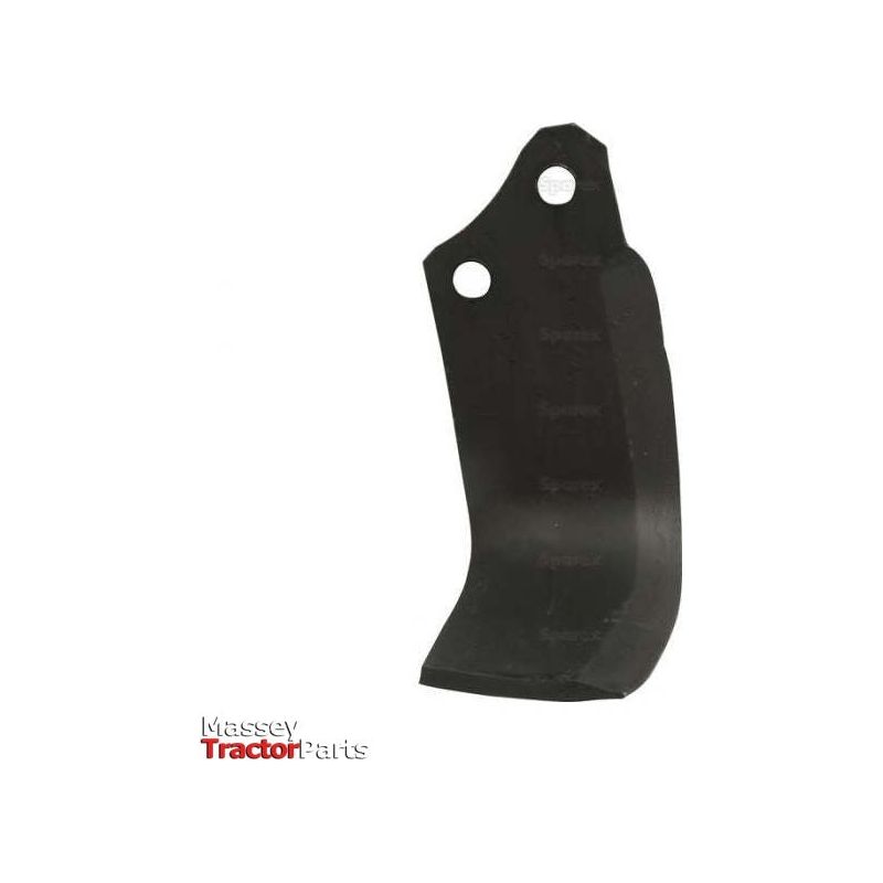 A black Rotavator Blade Square LH 60x7mm, compatible with Kverneland equipment, features two holes for mounting with 40mm hole centres and a 14.5mm diameter. Displayed against a plain white background, the bottom left corner reveals a partial "Massey Tractor Parts" logo. This blade is sold under the Sparex brand and replaces part number MA1302180 (Sparex Part No.S.72376).