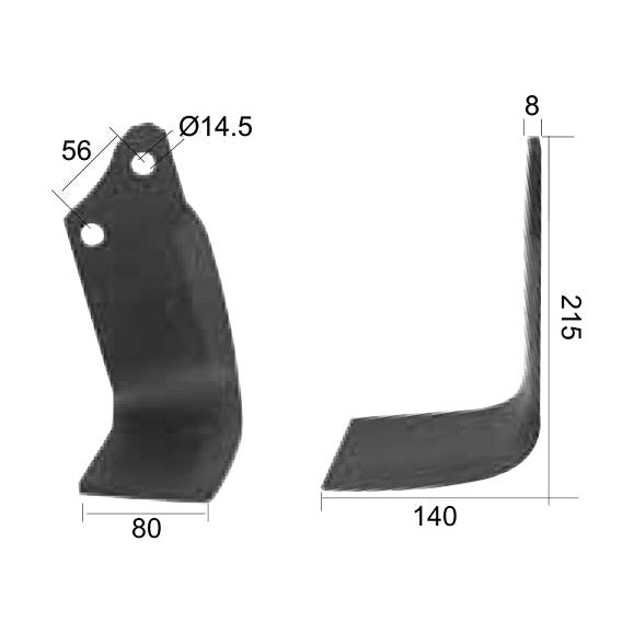 Two black metal blades with measurements. The left blade is a Rotavator Blade Square LH 80x8mm from Sparex, featuring a height of 215 mm, 56 mm spacing between Ø14.5 mm holes, and an overall width of 80 mm. The right blade has an 8 mm thickness, a height of 215 mm, and a length of 140 mm, equipped with Sparex Fasteners for secure attachment. This model is a replacement for Maschio and fits as part number 01110429 (Sparex Part No.S.77273).