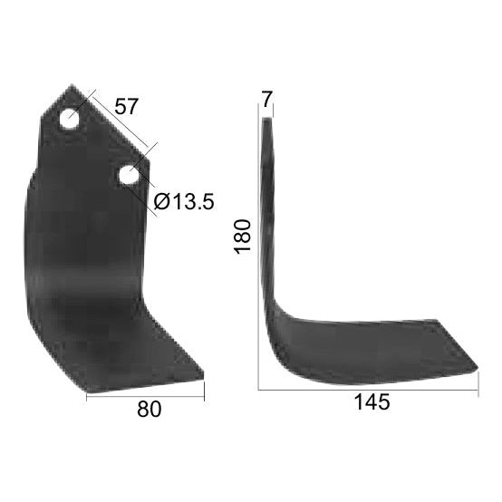 Image of a Sparex Rotavator Blade, Square Type Blades RH 80x7mm, featuring dimensions 180 mm height, 145 mm depth, and 80 mm width. It has two holes with a diameter of 13.5 mm each, spaced 57 mm apart. This blade is compatible with Dowdeswell AR applications and fits as model number 3901 (Sparex Part No.S.77223).