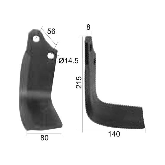 Here are two views of the Rotavator Blade Square RH, made by Sparex. The bracket features a height of 215mm, a base length of 80mm and 140mm, and a width of 8mm. It includes holes with a diameter of 14.5mm, spaced at centers that are 56mm apart. This product is designed to replace Maschio part number 01110428 and fits perfectly with Sparex fasteners (Part No.S.77272).