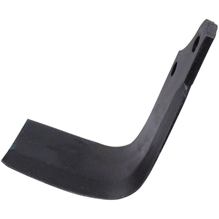 A black, L-shaped metal object with rounded corners and two holes at one end, possibly a tool or part of a machine, designed for Maschio compatibility.
Rewritten sentence using product data:
A Sparex Rotavator Blade Square RH 80x8mm Height: 215mm with hole centers at 56mm and a hole diameter of 14.5mm, specifically crafted as a replacement for Maschio models and fitting as part number S.77272 (originally 01110428).