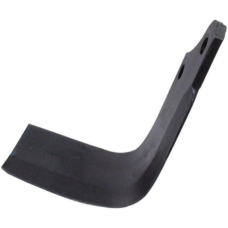 A black, L-shaped metal object with rounded corners and two holes at one end, possibly a tool or part of a machine, designed for Maschio compatibility.
Rewritten sentence using product data:
A Sparex Rotavator Blade Square RH 80x8mm Height: 215mm with hole centers at 56mm and a hole diameter of 14.5mm, specifically crafted as a replacement for Maschio models and fitting as part number S.77272 (originally 01110428).