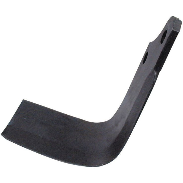 A black, L-shaped metal object with rounded corners and two holes at one end, possibly a tool or part of a machine, designed for Maschio compatibility.
Rewritten sentence using product data:
A Sparex Rotavator Blade Square RH 80x8mm Height: 215mm with hole centers at 56mm and a hole diameter of 14.5mm, specifically crafted as a replacement for Maschio models and fitting as part number S.77272 (originally 01110428).