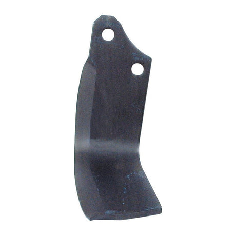 The Rotavator Blade Square RH 80x8mm by Sparex, standing at a height of 215mm with hole centers spaced at 56mm and a diameter of 14.5mm, features a curved form with two holes near the top and a pointed edge at the bottom. It is designed as a replacement for Maschio part number 01110428 (Sparex Part No. S.77272).