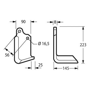 Rotavator Blade Square RH 90x8mm Height: 223mm. Hole centres: 56mm. Hole⌀: 16.5mm. Replacement for Maschio, Valentini
 - S.149226 - Massey Tractor Parts