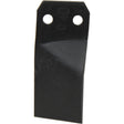 A black metal blade, featuring two circular holes 44mm apart near the top and a slightly twisted lower edge, reminiscent of the design elements of the Rotavator Blade Twisted RH 80x8mm by Sparex.