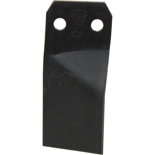 A black metal blade, featuring two circular holes 44mm apart near the top and a slightly twisted lower edge, reminiscent of the design elements of the Rotavator Blade Twisted RH 80x8mm by Sparex.