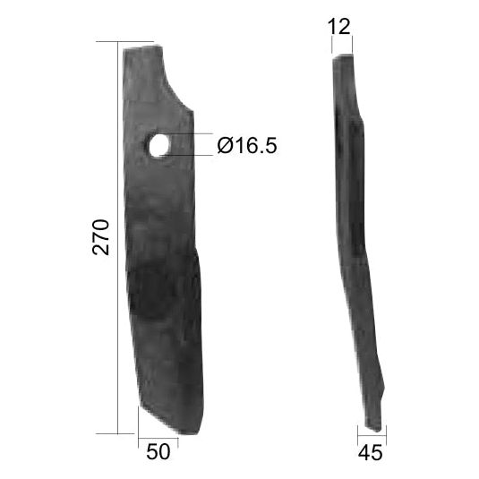 This image shows a Sparex Rotavator Tine Twisted RH. It has dimensions of 270mm in height, 50mm in width, and a hole diameter of 16.5mm as viewed from the front. From the side view, it is 12mm thick and has a width of 45mm. This part is ideal for replacement on Kuhn equipment and corresponds to Sparex Part No.S.27432.
