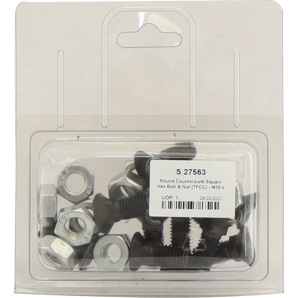 The Sparex Round Countersunk Square Hex Bolt & Nut set (TFCC) - M10 x 25mm, Tensile strength 8.8 (10 pcs. Agripak), labeled as Sparex Part No.S.27563, features several black bolts and silver nuts visible inside the clear plastic packaging.