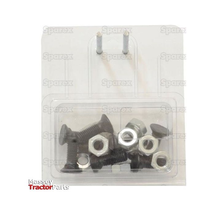 A clear plastic package containing several metric black Round Countersunk Square Hex Bolts & Nuts (TFCC) - M10 x 30mm with a tensile strength of 8.8, displayed on a white background, featuring the Sparex Part No.S.27564 and the Massey Tractor Parts logo. The package includes 8 pieces in an Agripak configuration.