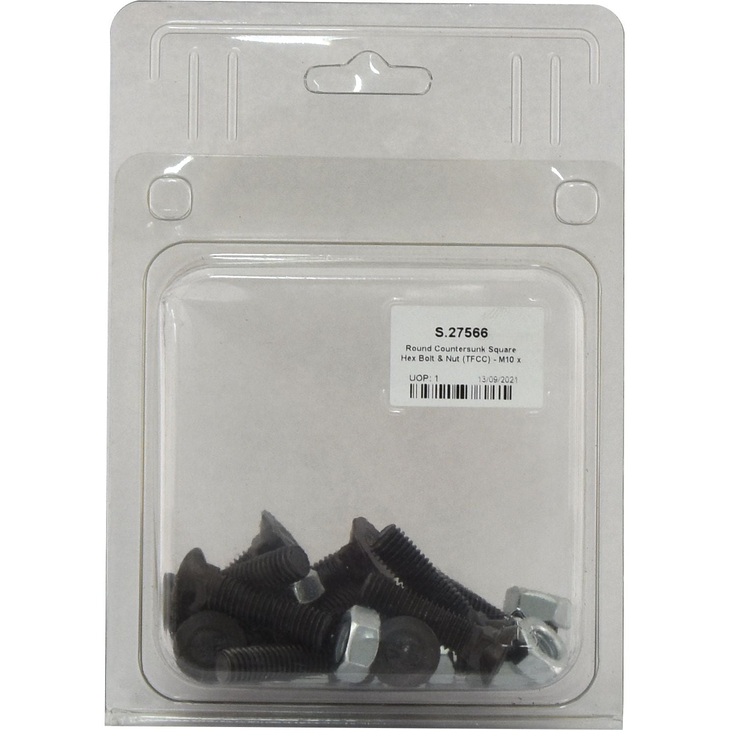 A plastic package containing a set of twelve Round Countersunk Square Hex Bolts & Nuts with TFCC coating, M10 x 40mm size, and tensile strength of 8.8, labeled as "Sparex Part No. S.27566.