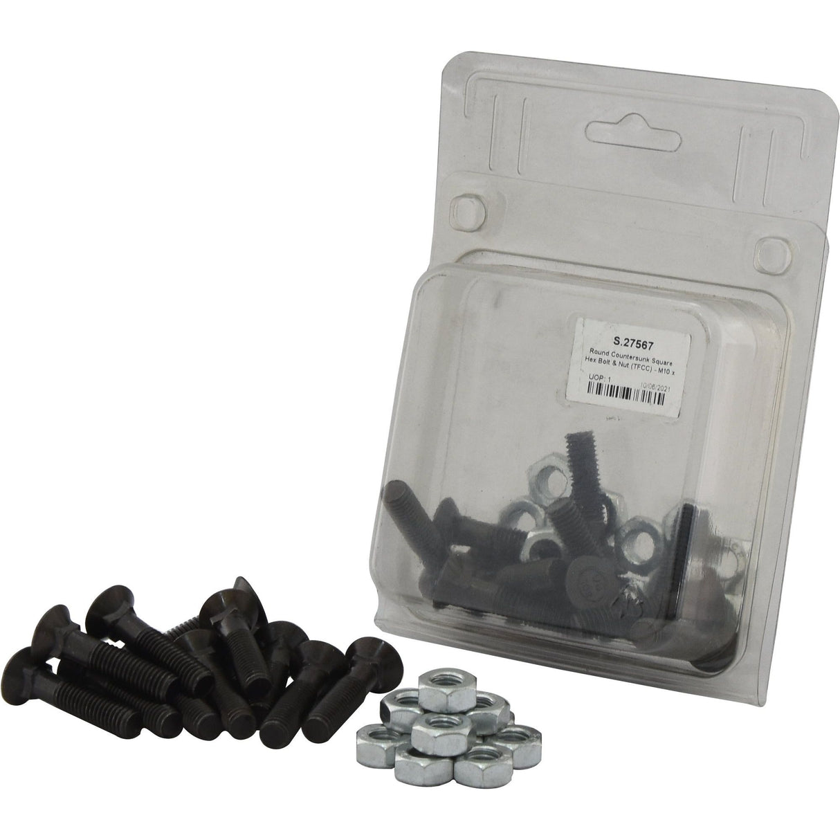 A pack of Sparex Round Countersunk Square Hex Bolts & Nuts (TFCC) - M10 x 45mm, Tensile Strength 8.8 (12 pcs. Agripak), are scattered outside the transparent plastic packaging.