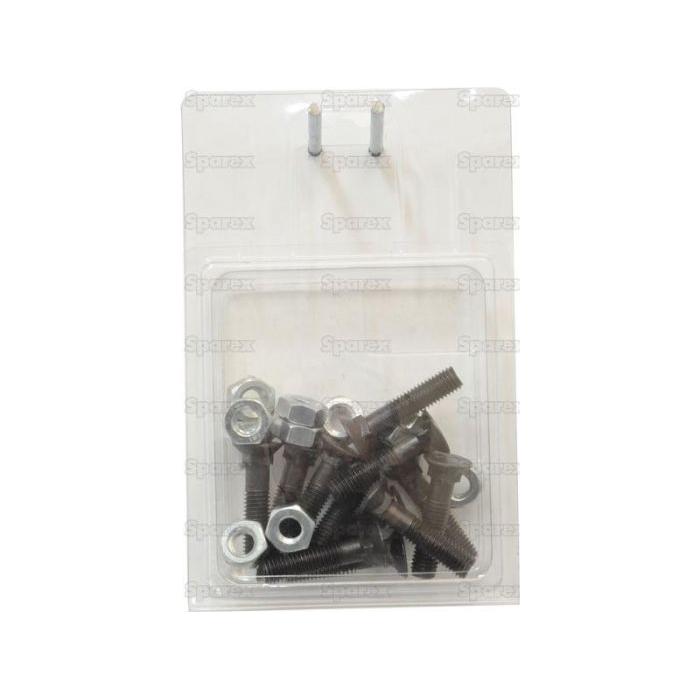 A clear plastic package containing twelve Round Countersunk Square Hex Bolts and nuts, each with Metric Threads and a tensile strength of 8.8, arranged neatly and labeled "Sparex" in the background. Product Name: Round Countersunk Square Hex Bolt & Nut (TFCC) - M10 x 45mm. Sparex Part No.S.27567.