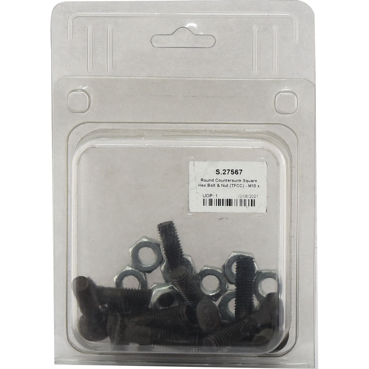 A package containing several screws and nuts labeled Sparex Part No. S.27567, which includes Round Countersunk Square Hex Bolts & Nuts (TFCC) - M10 x 45mm with a tensile strength of 8.8 (12 pcs. Agripak).