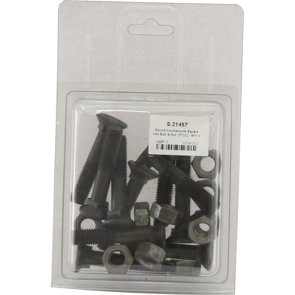 A plastic package containing several black bolts and nuts, specifically labeled "Sparex S.21457 Round Countersunk Square Hex Bolt & Nut (TFCC) - M11 x 60mm, Tensile strength 8.8 (10 pcs. Agripak).