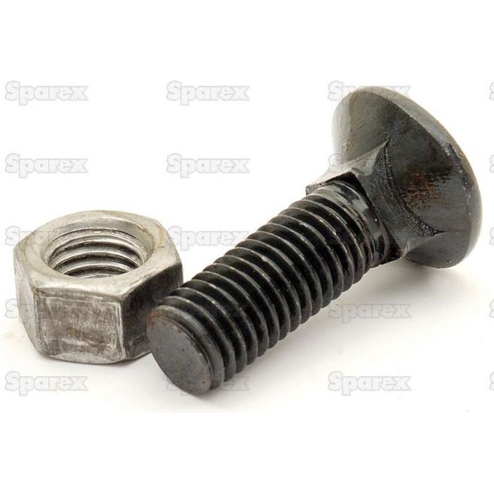A Round Countersunk Square Hex Bolt & Nut (TFCC) - M12 x 35mm from Sparex, both engineered to meet tensile strength 12.9 standards, rest on a white background. The bolt features a round head and threaded shaft, while the nut boasts internal threading. These components are identified by Sparex Part No. S.21421 in the product catalog and come in boxes containing 25 pieces each.