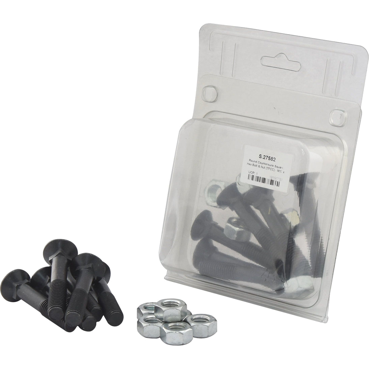 Pack of M12 x 70mm Sparex Round Countersunk Square Hex bolts (Part No.S.27582) with six hex nuts, boasting a tensile strength of 8.8, partially spilled outside the clear plastic Agripak packaging.