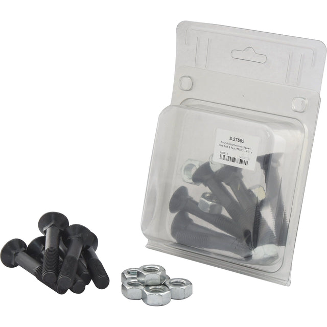 Pack of M12 x 70mm Sparex Round Countersunk Square Hex bolts (Part No.S.27582) with six hex nuts, boasting a tensile strength of 8.8, partially spilled outside the clear plastic Agripak packaging.