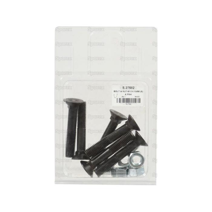 A pack labeled "Sparex" contains black Round Countersunk Square Hex Bolts and nuts in a clear plastic package. Each bolt is M12 x 70mm with a tensile strength of 8.8, and the pack contains six pieces (Agripak). The Sparex part number for this product is S.27582.