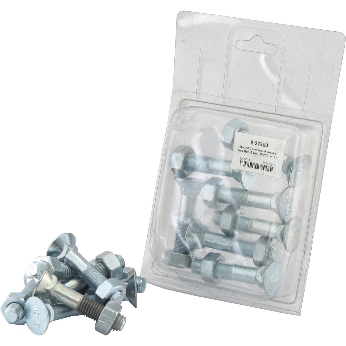 The image showcases an Agripak containing eight Sparex Round Countersunk Square Hex Bolts and Nuts (TFCC) - M12 x 55mm with a tensile strength of 8.8, identified by Sparex Part No. S.27580. Several bolts and nuts are displayed outside the packaging.