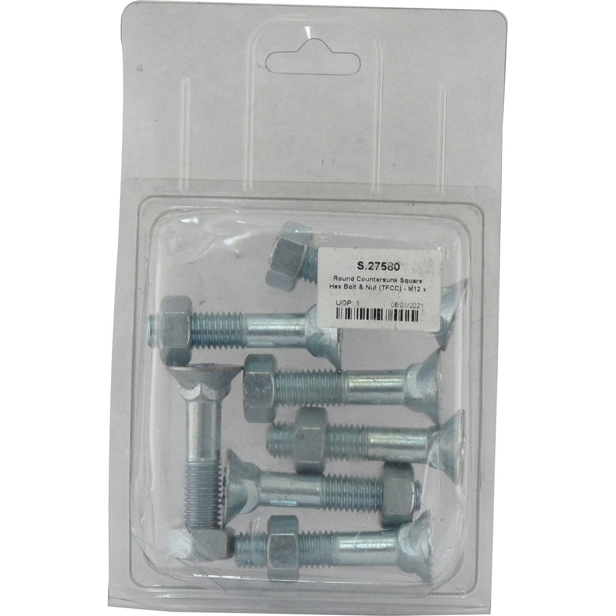A sealed package containing several silver bolts and nuts, labeled on the front as Sparex Round Countersunk Square Hex Bolt & Nut (TFCC) - M12 x 55mm with a tensile strength of 8.8 (Sparex Part No. S.27580).