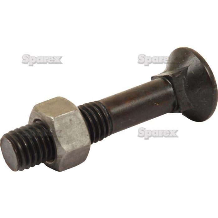 A Round Countersunk Square Hex Bolt & Nut (TFCC) from Sparex, featuring specifications of M12 x 65mm with an impressive tensile strength of 12.9, making it ideal for high-stress applications. This bolt comes with a circular, flat head and has a hexagonal nut partially threaded onto its shaft. This product is available under Sparex Part No. S.21434 in boxes containing 25 pieces.