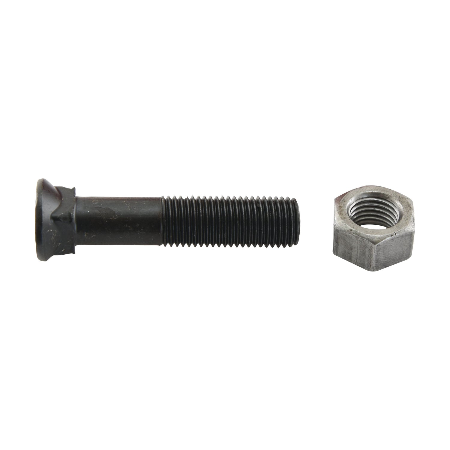A black screw positioned to the left of a silver nut against a white background, next to a Sparex Round Countersunk Square Hex Bolt & Nut (TFCC) - M12 x 65mm, Tensile strength 12.9.